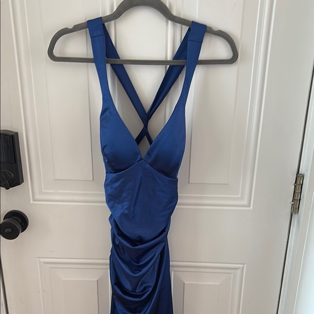 B Darlin Blue Ruched Bodycon Gown Halter Plunge - Picture 6 of 10